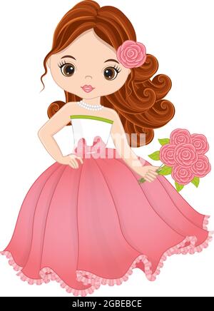 Vector Belle jeune fille portant une robe longue rose pastel et un bouquet de roses Illustration de Vecteur