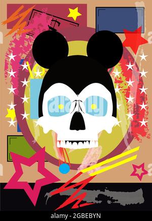 Crâne avec oreilles de souris, pop art étoiles vecteur d'arrière-plan. Banque D'Images