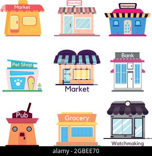 Ensemble de différentes icônes de magasin à plat Illustration de Vecteur