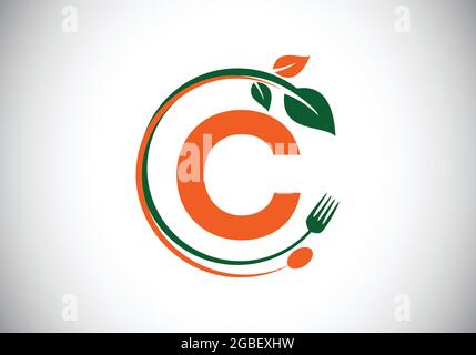 Lettre C monogramme initiale avec une fourchette, une cuillère et une feuille. Sain, naturel, logo alimentaire. Logo vectoriel moderne pour café, restaurant, cuisine Illustration de Vecteur