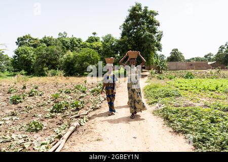 Dans cette image, un gourou de filles africaines marche sur un chemin sablonneux de terre sur leur chemin vers le marché du village, portant des paniers sur leur tête Banque D'Images