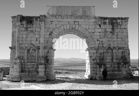 Site archéologique de Volubilis au Maroc en noir et blanc Banque D'Images