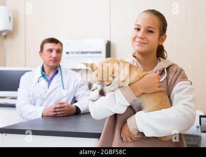 Bonne fille de l'adolescence a mené chien pour examen par un vétérinaire Banque D'Images