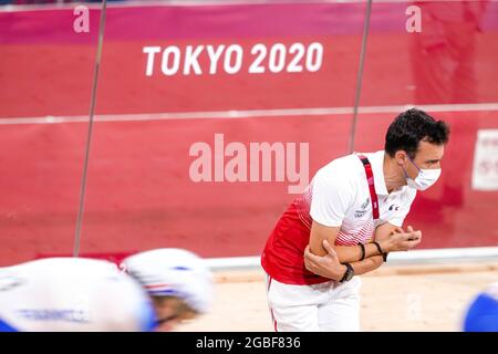 Shizuoka, Japon. 3 août 2021. (FRA) Cyclisme : finale de la poursuite de l'équipe féminine lors des Jeux Olympiques de Tokyo 2020 au Vélodrome d'Izu à Shizuoka, Japon . Credit: Shuraro Mochizuki/AFLO/Alamy Live News Banque D'Images