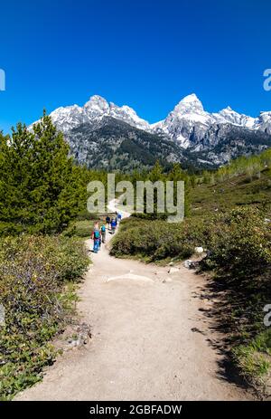 Parc national de Grand Teton, Jackson Hole, Wyoming, États-Unis, 31 mai 2021, groupe de randonneurs sur le sentier depuis le lac Taggart, vertical Banque D'Images