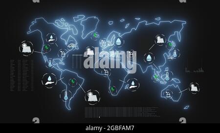 Illustration d'icônes environnementales sur la carte du monde sur fond sombre Banque D'Images