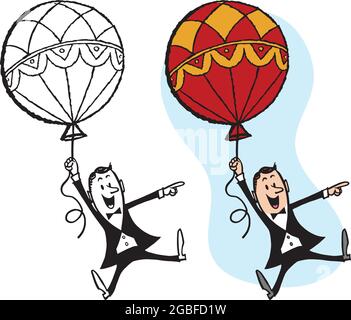 Un dessin animé rétro vintage d'un homme d'affaires soulevé dans les airs par un ballon. Illustration de Vecteur