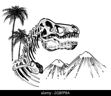 Squelette de Tyrannosaurus palmiers et volcans. Dessin noir et blanc Banque D'Images