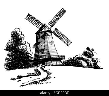 Vieux moulin à vent dans la campagne. Illustration en noir et blanc Banque D'Images