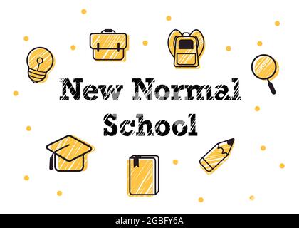 de nouvelles icônes jaunes normales d'école comme un crayon, des livres, un sac, une lampe et une loupe sur fond blanc Illustration de Vecteur