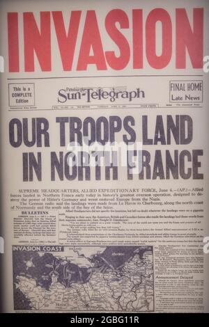 Angleterre, Hampshire, Portsmouth, Southsea, The D-Day Story Museum, première page du journal Pittsburgh Sun-Telegraph daté du mardi 6 juin 1944 Re Banque D'Images