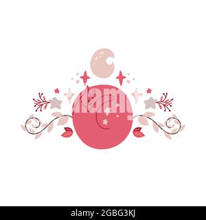 Joli chat de couchage rose avec des étoiles, la lune et le feuillage sur les branches. Illustration plate délicate d'un animal de compagnie rêvant avec un motif floral sur un backgro blanc Illustration de Vecteur