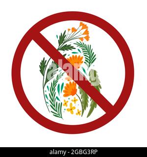 Herbes sauvages et fleurs dans le signe d'interdiction. Danger de plantes toxiques. Il est interdit de cueillir des fleurs. Illustration vectorielle à plat tirée à la main de l'herbe dans Illustration de Vecteur