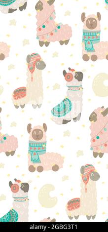 Joli motif puéril avec constellations de lamas sur fond blanc. Texture douce et animée avec étoiles et croissant de lune sur fond blanc. A Illustration de Vecteur