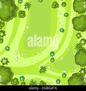 Pelouse vallonnée dans la forêt. Vue de dessus. Campagne paysage rural. Feuillage vert d'arbres et d'arbustes. Vue de dessus. Illustration d'arrière-plan dans Illustration de Vecteur