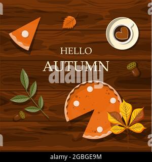 Vecteur d'automne encore la vie. Tarte à la citrouille et le café sur un fond en bois. Vue de dessus. jour de thanksgiving Illustration de Vecteur