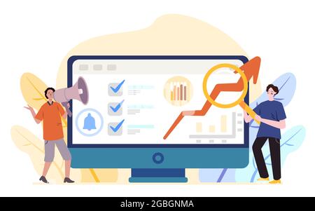 le responsable utilisant sounds maker pour présenter avec son ordinateur bleu est complété icônes de la liste des tâches graphique et graphique des données Illustration de Vecteur