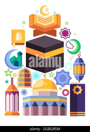 des icônes musulmanes comme la lanterne noire kaaba lamp mosquée hoully quran étoile et croissant de lune Illustration de Vecteur