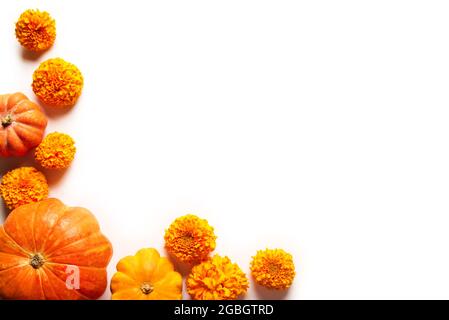 Composition d'automne avec citrouilles et fleurs marigolées isolées sur blanc, vue de dessus, espace de copie. Saison automne, Thanksgiving, festival de mi-automne Backgr Banque D'Images