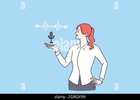 Assistant vocal, concept de reconnaissance des haut-parleurs. Femme souriante personnage de dessin animé debout montrant une illustration vectorielle de haut-parleur intelligent à commande vocale activé assistants numériques Illustration de Vecteur