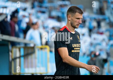 Malmö, Suède. 03ème août 2021. Borna Barisic (31) du FC Rangers entre sur le terrain pour le match de qualification de la Ligue des Champions entre le FF Malmö et le FC Rangers à Eleda Stadion à Malmö. (Crédit photo : Gonzales photo/Alamy Live News Banque D'Images