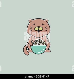 FAT Cat Happy Eating Noodle Flat Cartoon Mascot Illustration Illustration de Vecteur