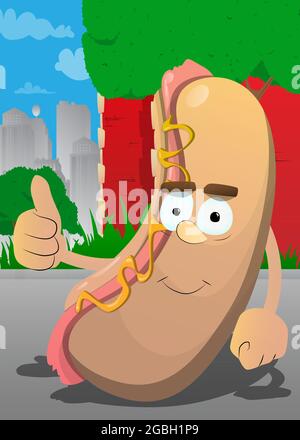 Affiche « Hot Dog Making Thumbs up ». La restauration rapide américaine est un personnage de dessin animé avec le visage. Illustration de Vecteur