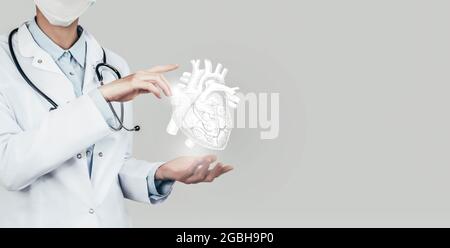 Femme médecin tenant un dessin volumétrique virtuel du cœur en main. Organe humain main, espace de copie sur le côté droit, couleur hdr grise. Hôpital de soins de santé Banque D'Images