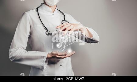 Femme médecin tenant la vessie de Gall virtuelle dans la main. Organe humain main, espace de copie sur le côté droit, couleur hdr grise. Santé / technologue scientifique Banque D'Images