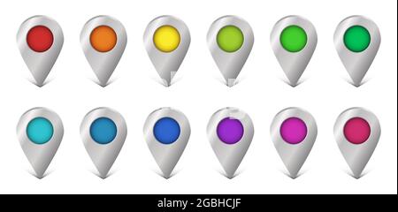 Ensemble d'icônes d'emplacement de carte. Bouton de navigation vectoriel. Collection de symboles de marqueur de position. Illustration de couleur brillante isolée sur fond blanc. Illustration de Vecteur