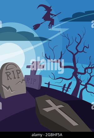 Affiche avec sorcière survolant le cimetière. Motif Halloween style dessin animé. Illustration de Vecteur