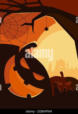 Affiche effrayante avec têtes de citrouille. Motif Halloween style dessin animé. Illustration de Vecteur