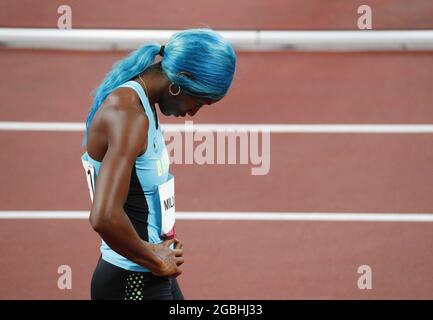 Tokyo, Japon. 04e août 2021. Shaunes Miller-Uibo, des Bahamas, réagit après avoir terminé première en demi-finale féminine de 400 M aux Jeux olympiques d'été de Tokyo en 2020, à Tokyo, au Japon, le mercredi 4 août 2021. Photo de Bob Strong/UPI crédit: UPI/Alay Live News Banque D'Images