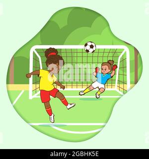 Carte postale, deux filles de football kicking le ballon dans le but de football. Illustration vectorielle de style dessin animé, dessin à plat de contour pour les enfants Illustration de Vecteur