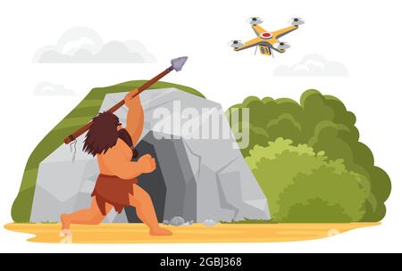 L'homme primitif d'âge de pierre chasse sur un drone avec une arme à lance près de l'illustration du vecteur de grotte de roche. Caricature ancien chasseur caveman caractère et technologie moderne, évolution humaine isolée sur blanc Illustration de Vecteur