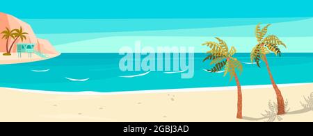 Paysage panoramique de la côte de mer avec plage de sable et palmiers. Illustration d'un dessin animé plat Banque D'Images