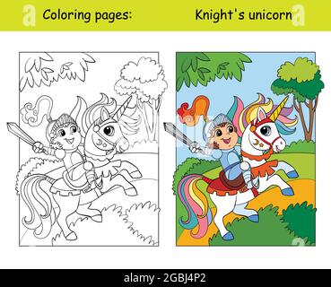 Petit chevalier mignon dans une armure à cheval sur une licorne. Page de livre de coloriage pour les enfants avec modèle coloré. Illustration vectorielle isolée. Pour colori Illustration de Vecteur