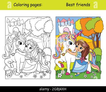 Une jolie princesse se câonne avec une licorne. Page de livre de coloriage pour les enfants avec modèle coloré. Illustration vectorielle isolée. Pour livre de coloriage, ed Illustration de Vecteur