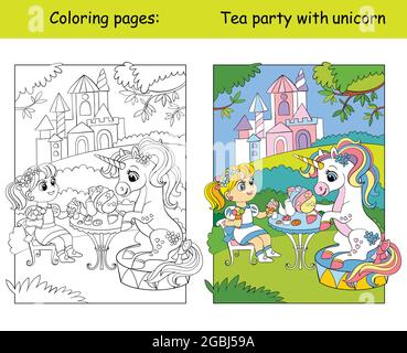 Une jolie princesse et une licorne boivent du thé avec des bonbons. Page de livre de coloriage pour les enfants avec modèle coloré. Illustration vectorielle isolée. Pour col Illustration de Vecteur