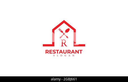 Modèle de logo vectoriel de monogramme de restaurant Alphabet R, logo de la nourriture Letter R avec icône en forme de cuillère et de fourchette Illustration de Vecteur