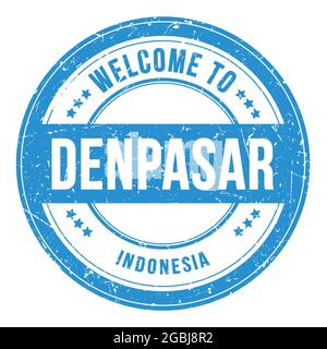 BIENVENUE À DENPASAR - INDONÉSIE, mots écrits sur le timbre bleu rond à pièces Banque D'Images