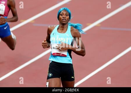 Tokyo, Japon, 4 août 2021. Shaunes Miller-Uibo, de Team Bahamas, remporte le 400m demi-final féminin le 12 e jour des Jeux Olympiques de Tokyo en 2020. Credit: Pete Dovgan/Speed Media/Alay Live News Banque D'Images