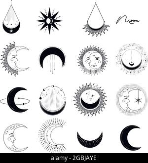 Ensemble d'illustrations vectorielles de phases lunaires. Différentes étapes de l'activité au clair de lune dans un style de gravure vintage. Signes du zodiaque. Illustration vectorielle Illustration de Vecteur