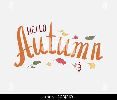 Inscription stylisée automne avec feuilles et baies aux couleurs chaudes de l'automne. Illustration de Vecteur