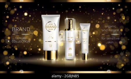 Nuit intense revitalisant cosmétique série réaliste vecteur ADS poster. Bouteille blanche avec bouchon doré, cosmétiques de luxe sur fond sombre avec bokeh brillant. Maquette pour magazine brillant Illustration de Vecteur