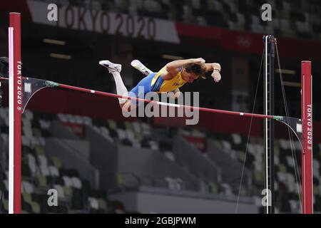 DUPLANTIS Armand (SWE) lauréat de la Médaille d'or lors des Jeux Olympiques Tokyo 2020, finale de la voûte polaire des hommes d'athlétisme le 3 août 2021 au Stade Olympique de Tokyo, Japon - photo Yuya Nagase / photo Kishimoto / DPPI Banque D'Images