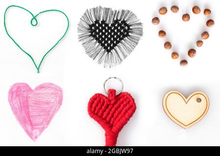 Six formes de coeur en matériaux différents sur fond blanc Banque D'Images