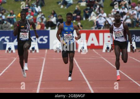 FALL Mouhamadou , ERIUS Jeff et ZEZE Ryan finale 100 m Mens lors des championnats d'athlétisme français 2021 le 25 juin 2021 au stade Josette et Roger Mikulak à Angers, France - photo Laurent Lairys / DPPI Banque D'Images