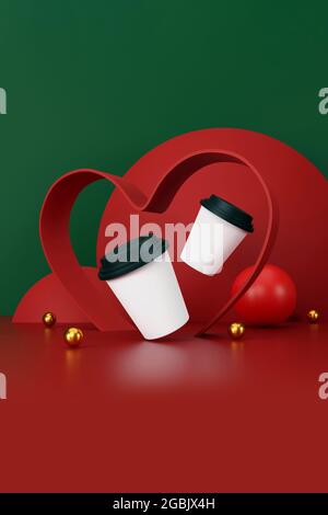 concept de la saint-valentin. tasse de café blanc sur fond vert et rouge. Illustration 3D Banque D'Images