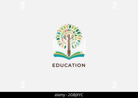 Arbre et livre avec logo d'icône de crayon - modèle de conception de logo abstrait Vector - concept d'éducation et d'apprentissage en ligne - emblème pour les cours, classe Illustration de Vecteur